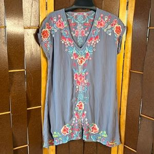 Johnny Was embroidered gray tunic.